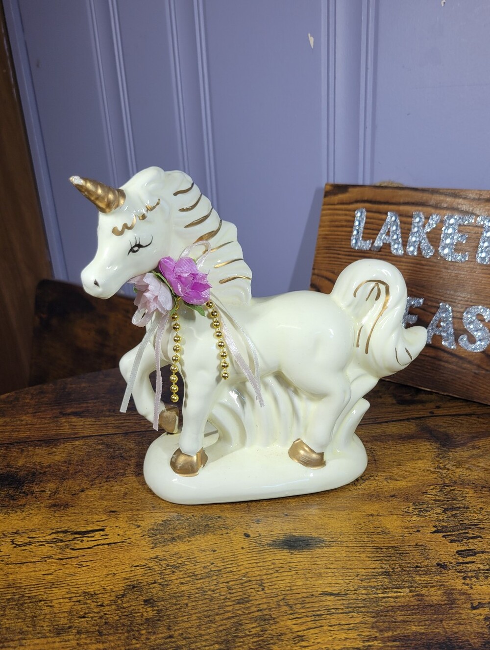 Vintage porcelain Unicorn Figurine with Pink Bow gold beads